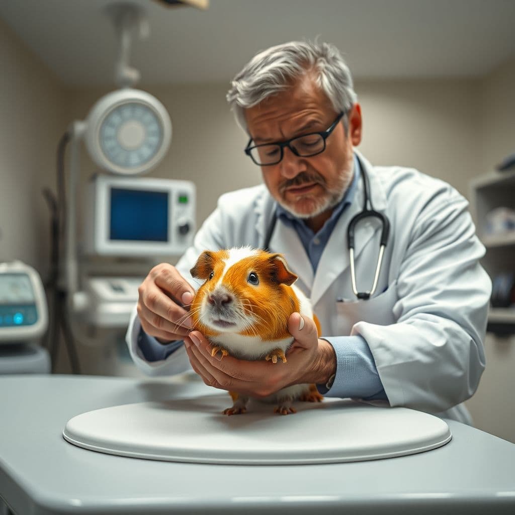 Veterinario examinando un cuy para chequeo de salud