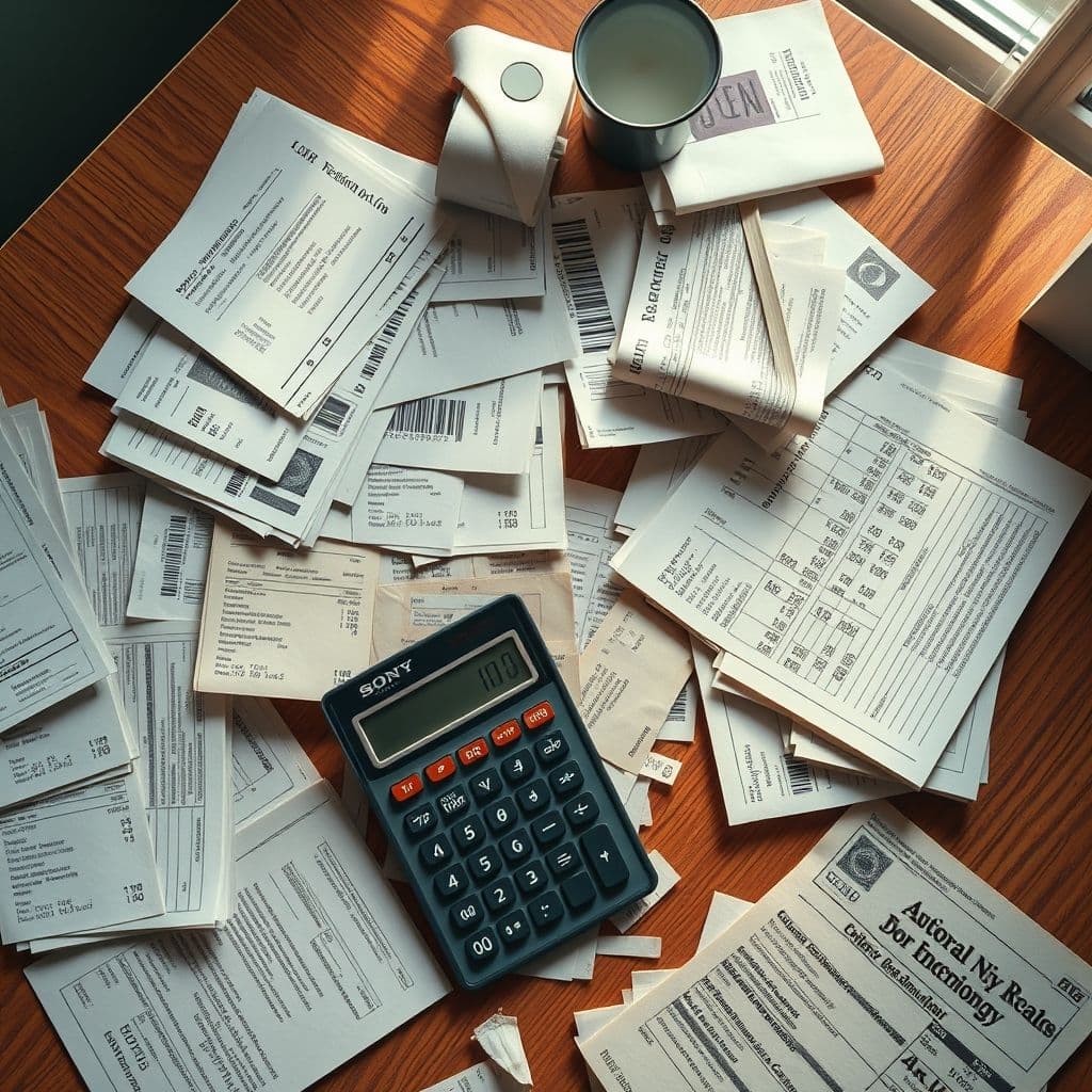 Montón de facturas de veterinario y pienso junto a documentos oficiales sin respuesta