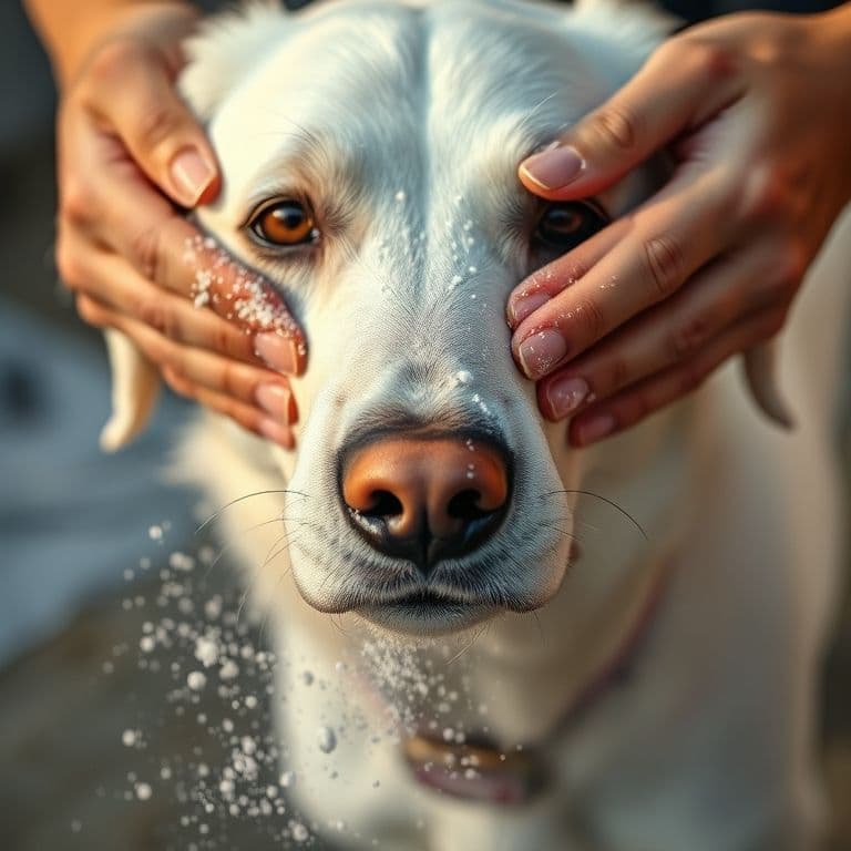 Aplicación de bicarbonato en el pelaje de un perro blanco