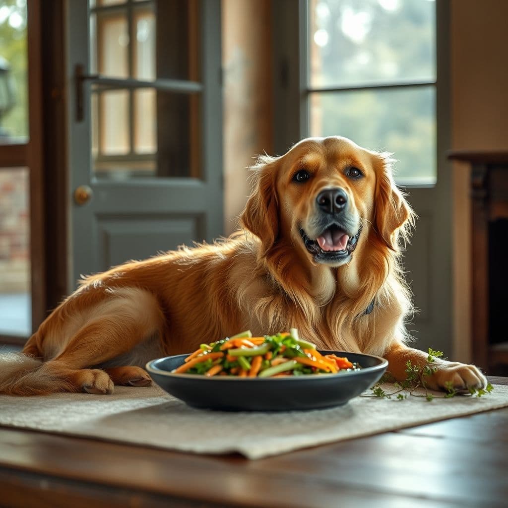 Perro descansando junto a su comedero con pienso en un día caluroso de verano