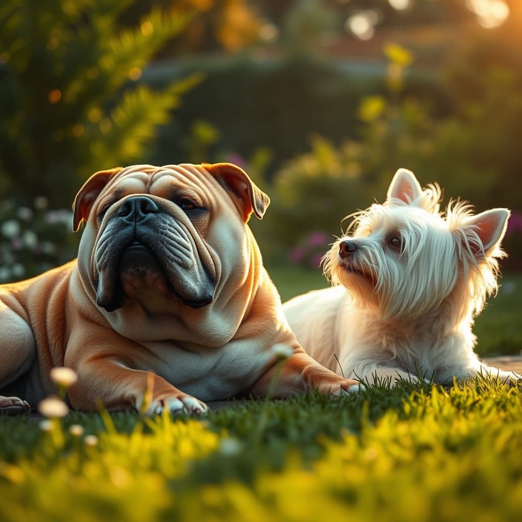 Bulldog inglés y West Highland White Terrier relajándose