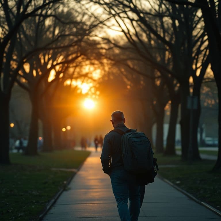 Hombre paseando con perro grande con correa larga en parque urbano al atardecer