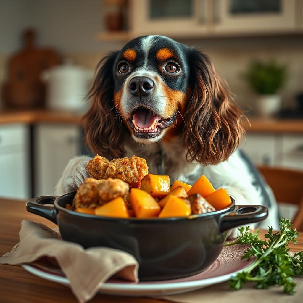 Perro cocker spaniel feliz comiendo zanahoria y pollo cocido en un plato