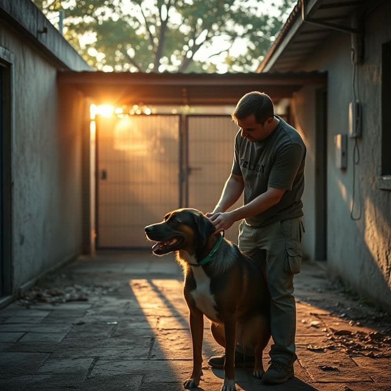 Voluntario en un refugio de animales acariciando a un perro rescatado en un patio interior sencillo