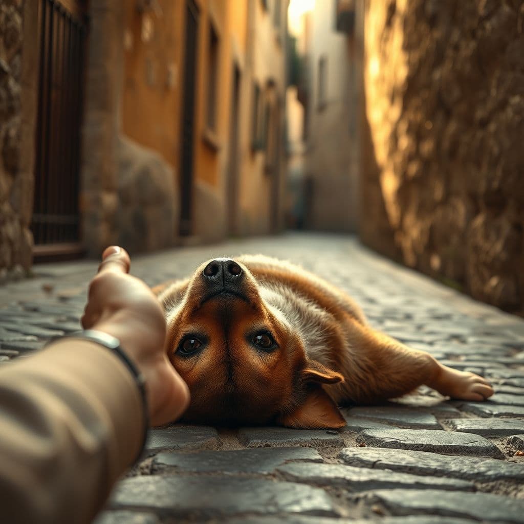 Perro reconociendo el olor de su cuidador temporal en un entorno rural