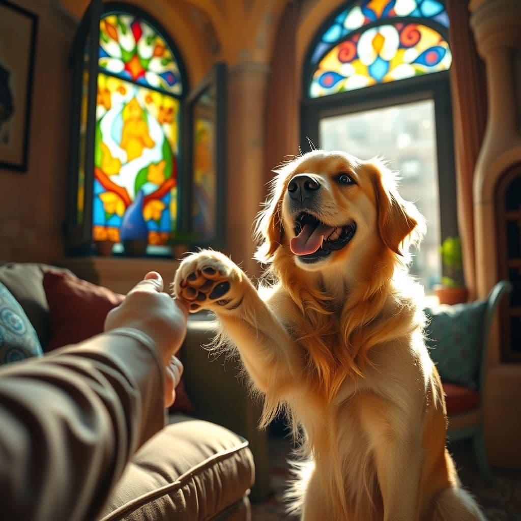 Perro golden retriever dando la patita a su dueño en un entorno doméstico