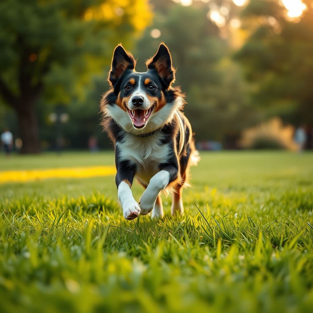 Perro feliz con patas bien cuidadas correteando en el parque