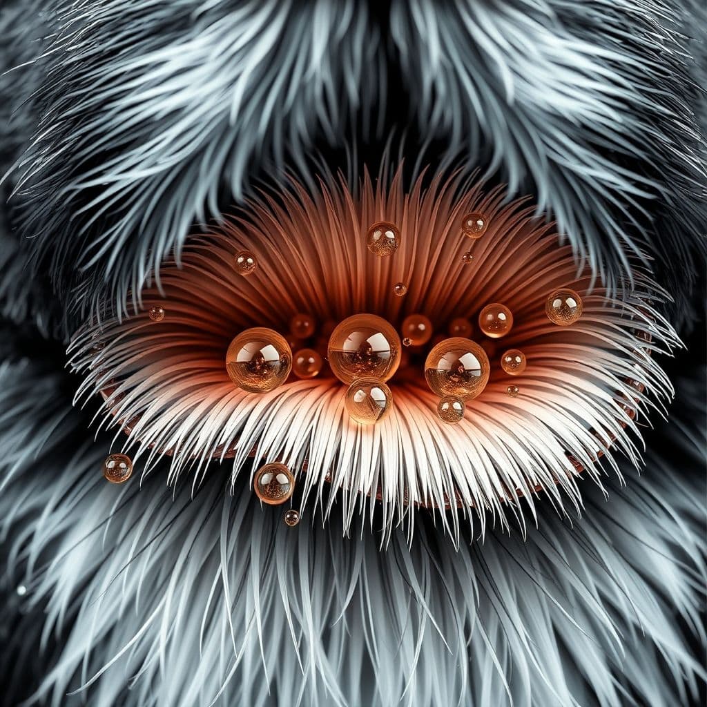 Estructura del pelaje de doble capa en perros mostrando cómo el agua queda atrapada