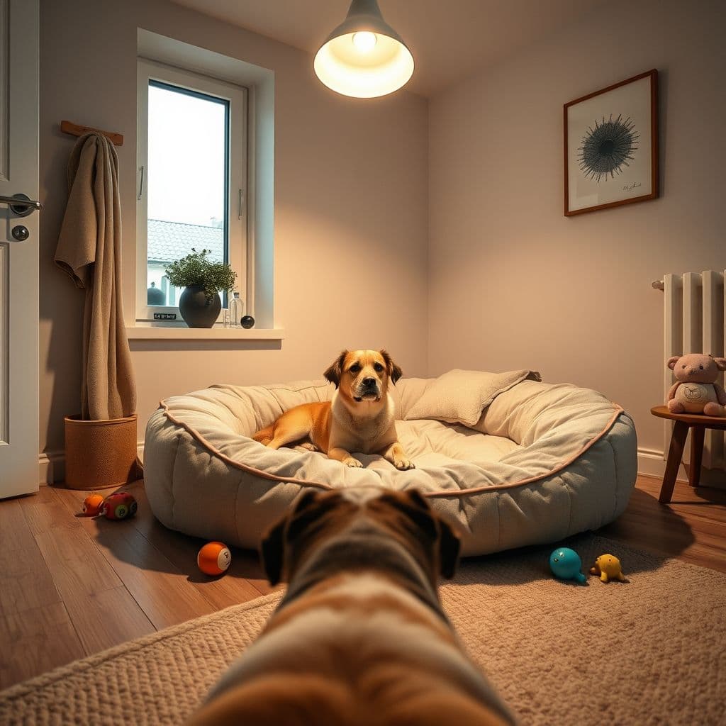 Zona segura para perro con cama y juguetes en rincón tranquilo