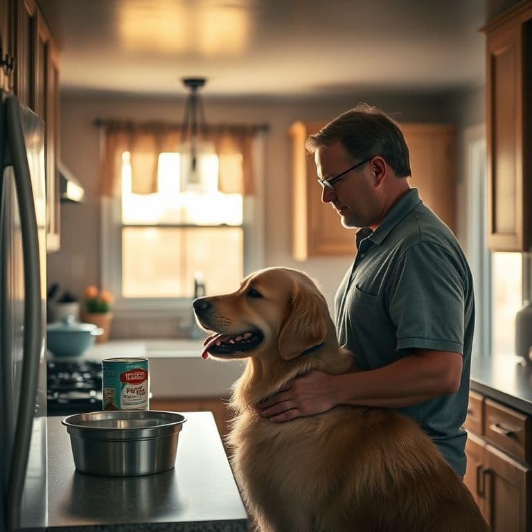 Dueño leyendo etiqueta de pienso para perro con mascota expectante