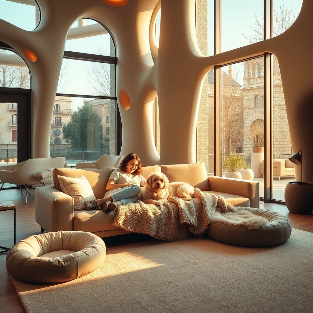 Familia conviviendo con su perro en diferentes áreas de la casa con armonía