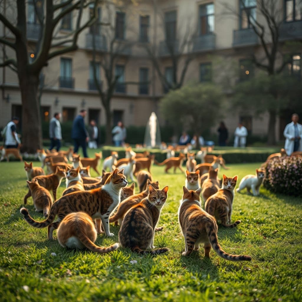 Colonia felina en un jardín de hospital, interactuando con pacientes.