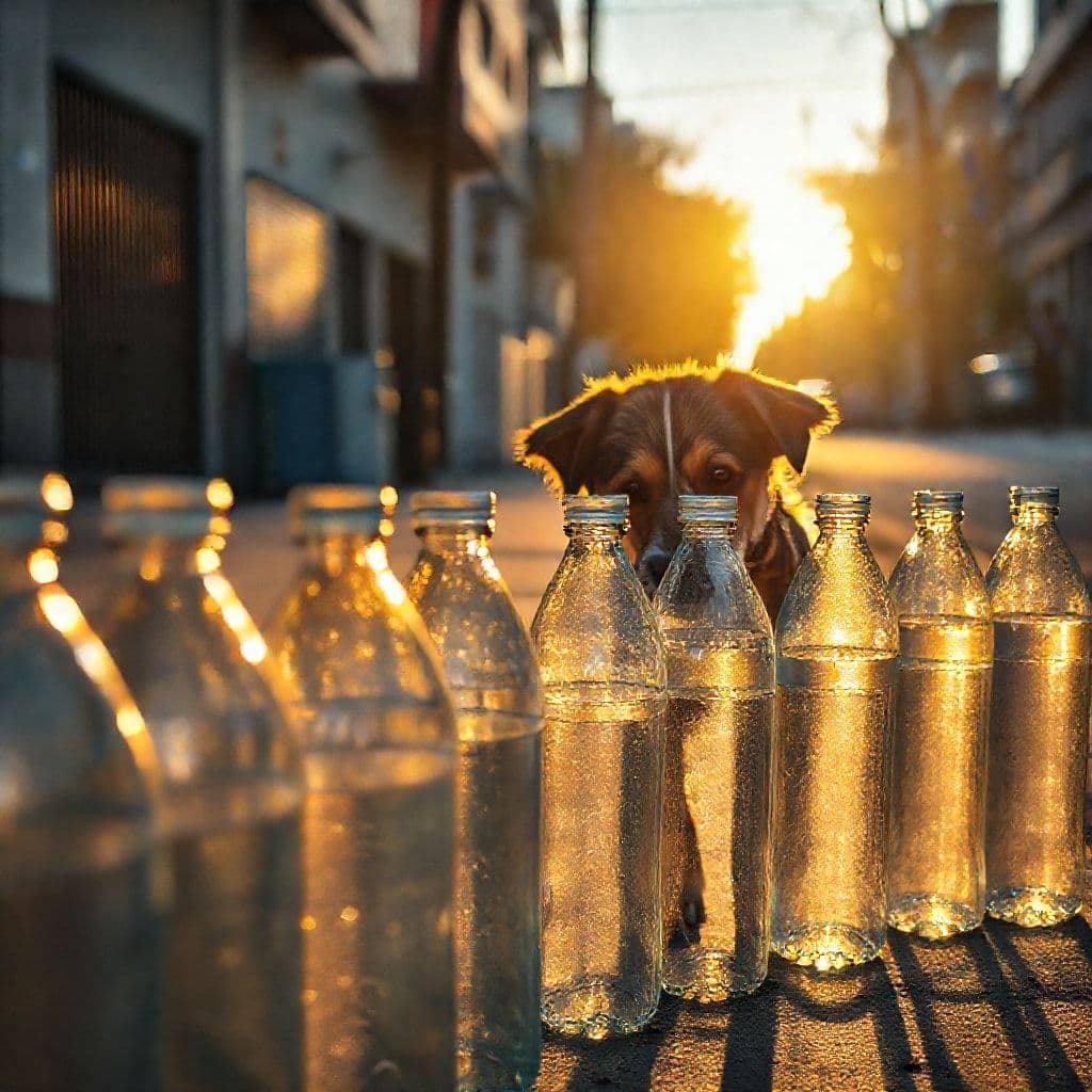 Botellas de agua plásticas llenas colocadas en una calle urbana frente a una casa, con un perro acercándose curiosamente.
