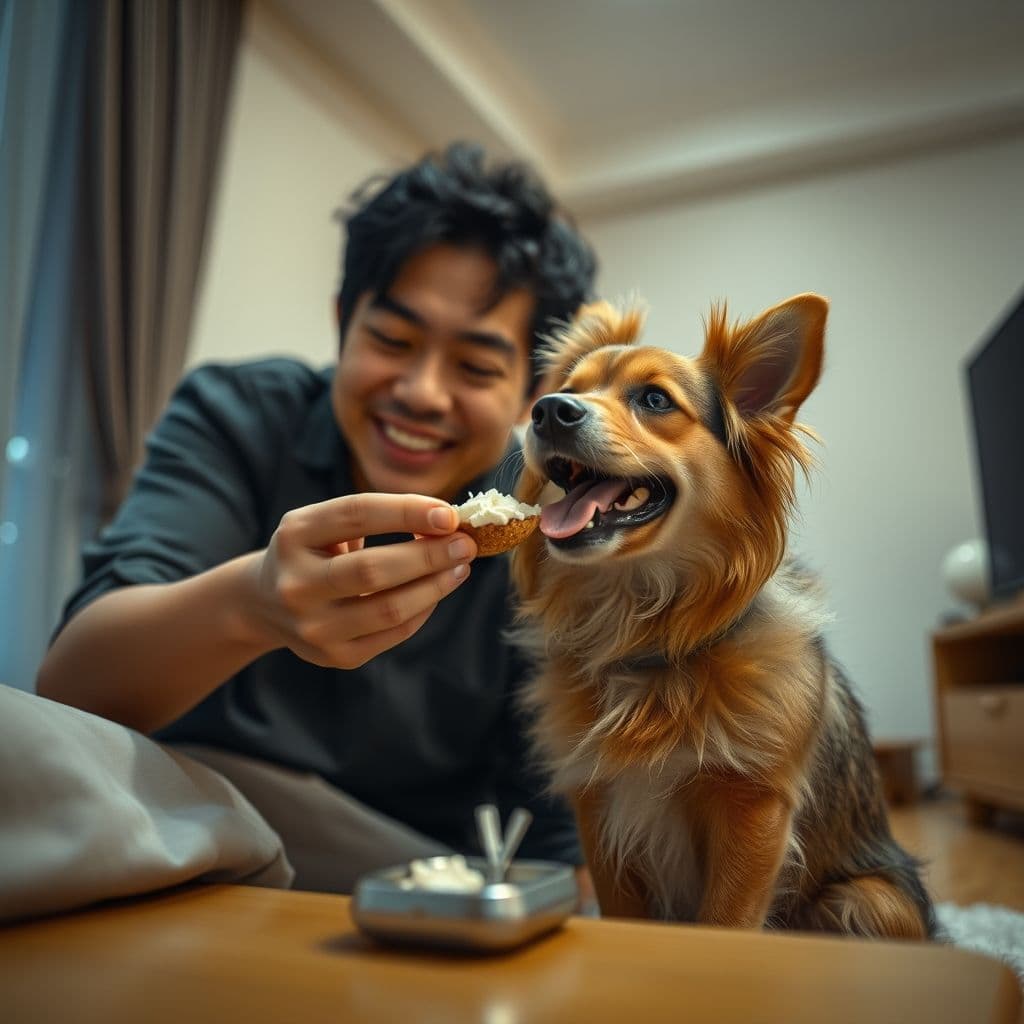 Dueño premiando a su cachorro por hacer sus necesidades correctamente