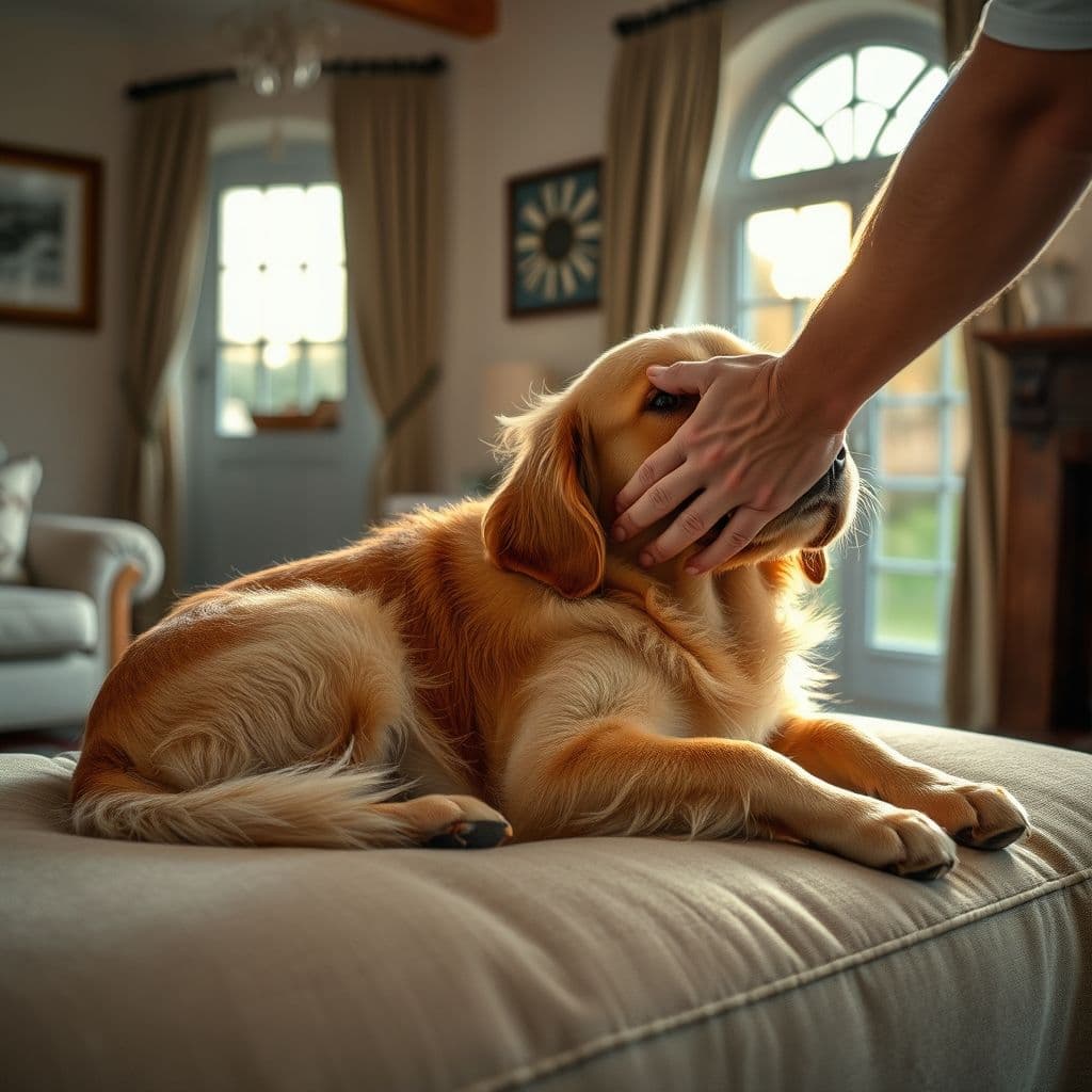Perro relajado recibiendo masajes en el pecho por su dueño