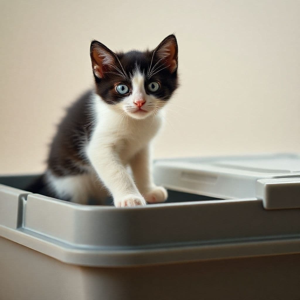 Gatito pequeño intentando entrar en arenero con bordes altos