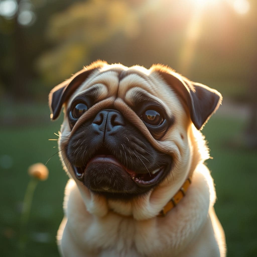 Pug saludable con pelaje brillante y sonriente, mostrando sus características arrugas faciales.