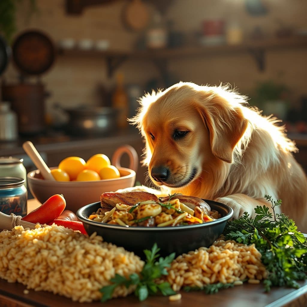 Perro feliz comiendo comida casera en un tazón, con ingredientes naturales alrededor