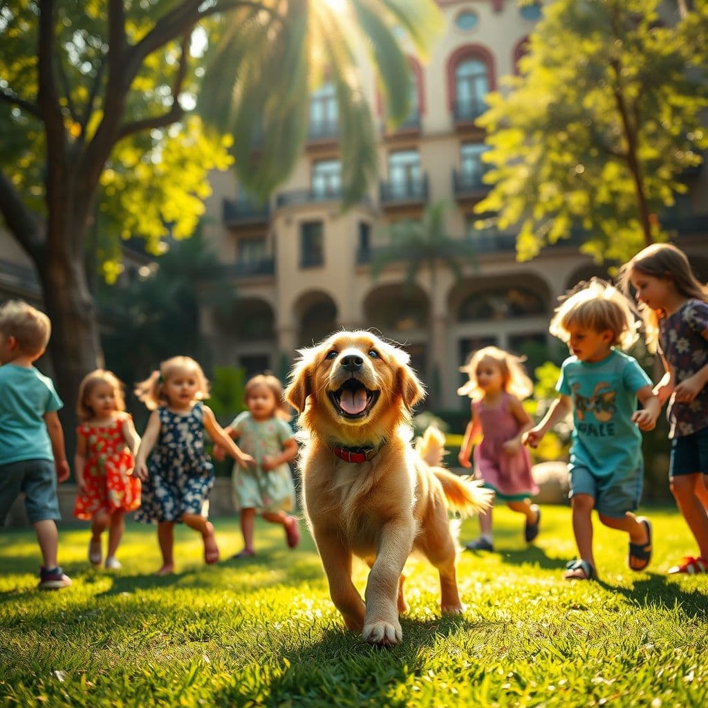 Cachorro socializando con niños y otros perros de forma segura