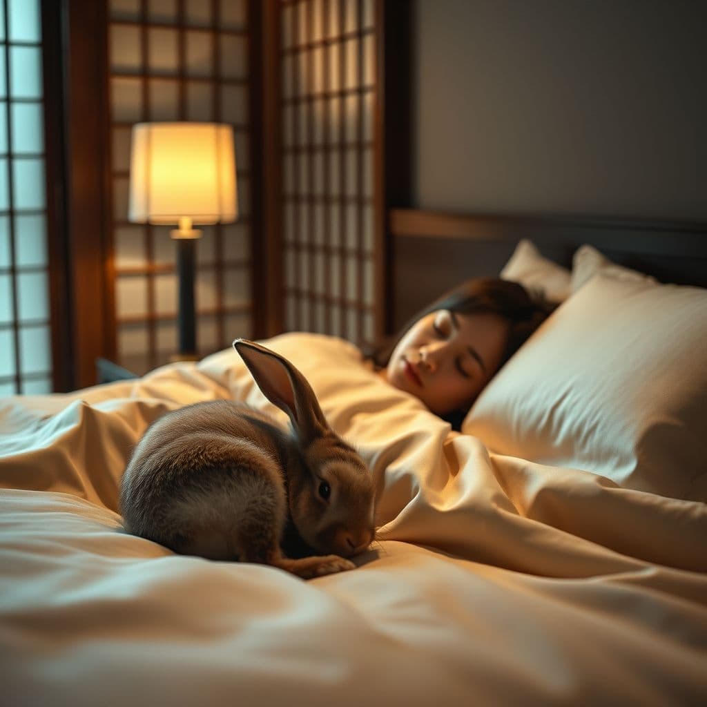 Conejo durmiendo plácidamente en la cama junto a su dueño