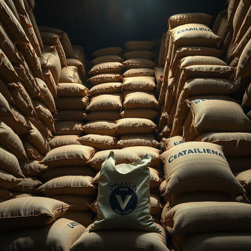 Montaña de sacos de pienso donados contrastando con único saco municipal simbólico