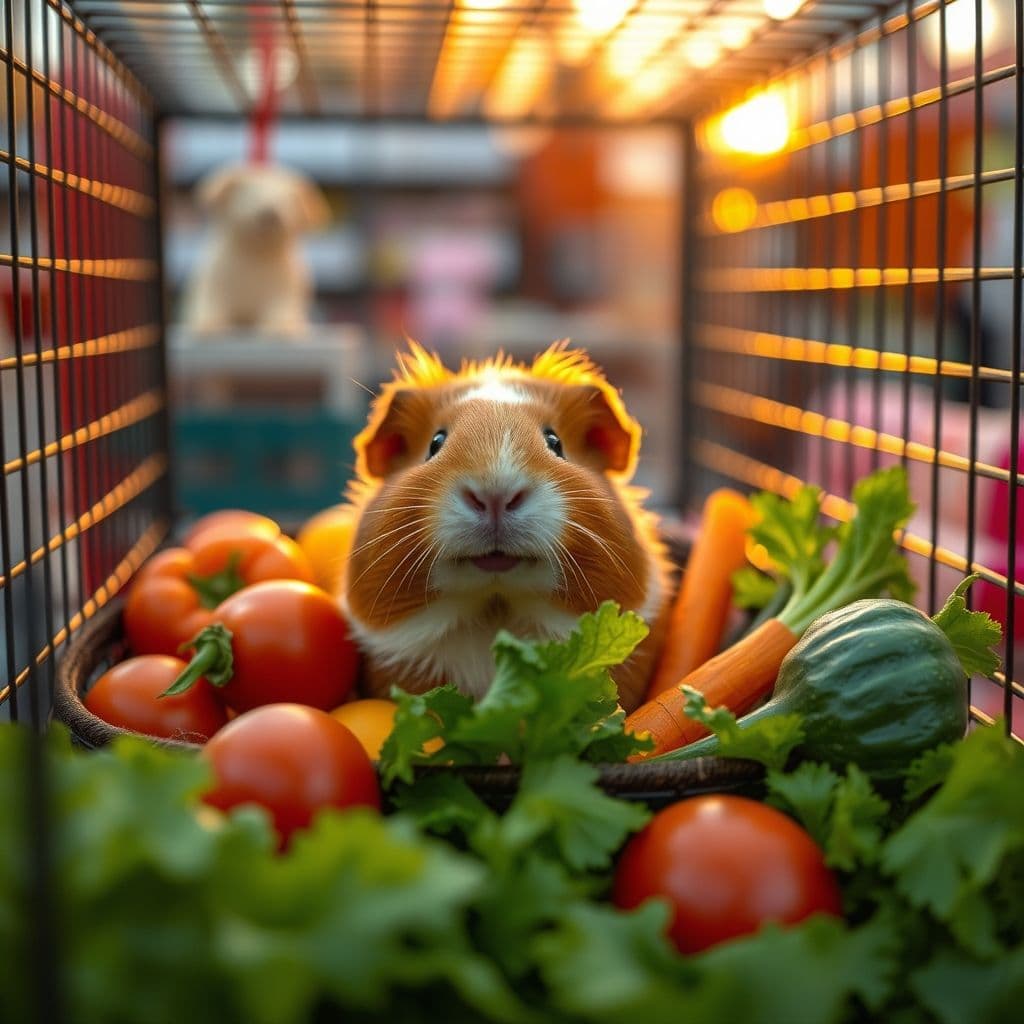 Un cuy feliz y saludable en un recinto amplio con vegetales frescos