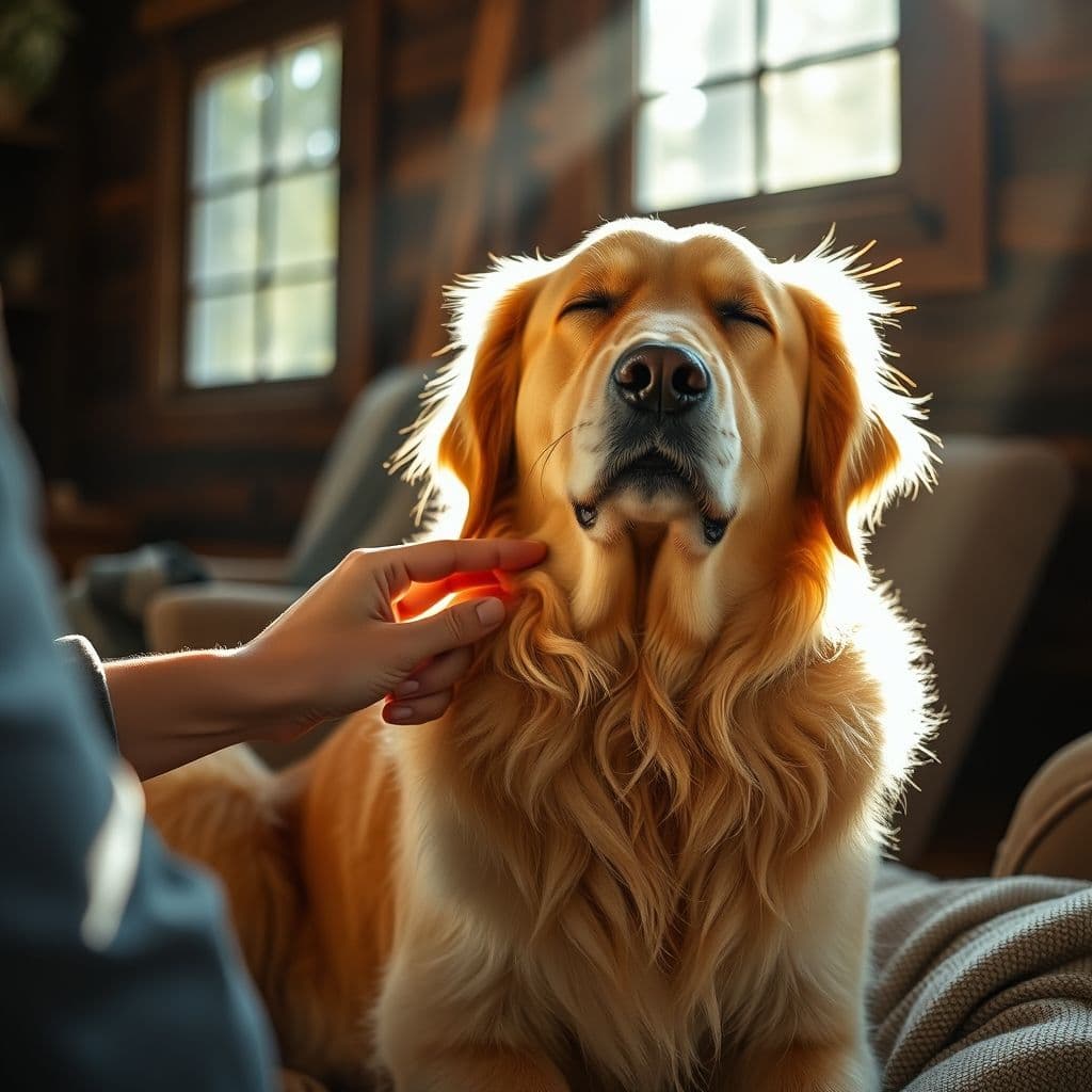 Perro disfrutando caricias en la barbilla mientras cierra los ojos con placer