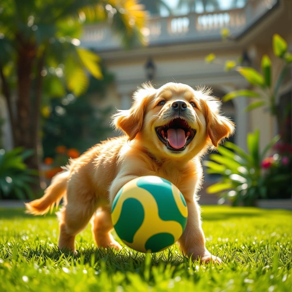 Cachorro jugando con pelota interactiva en un jardín seguro