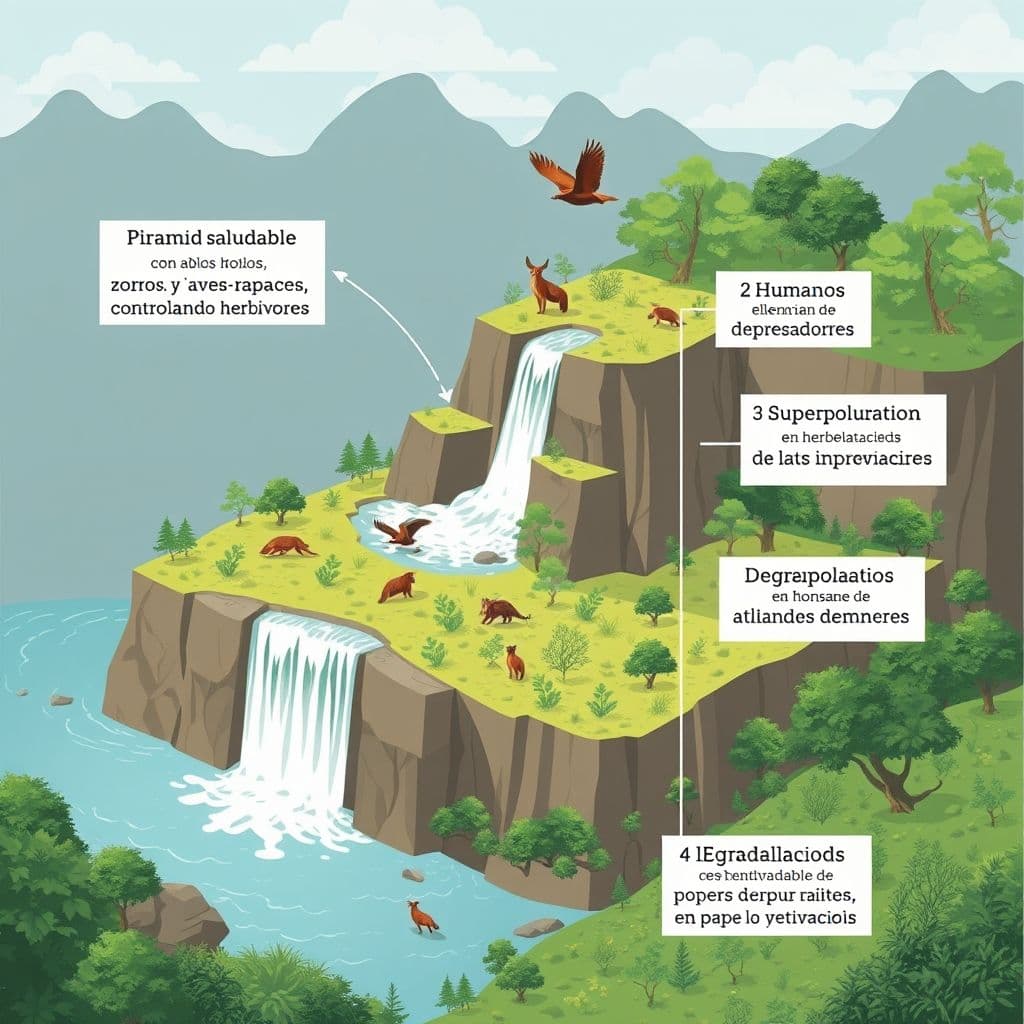 Infografía mostrando cómo la eliminación de depredadores afecta toda la cadena trófica.