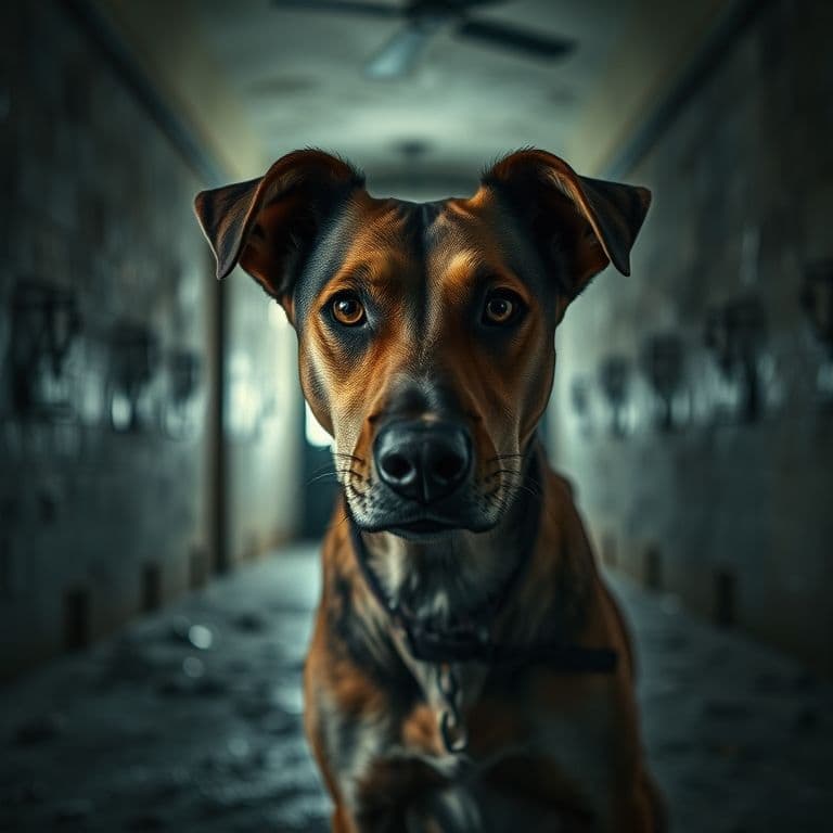 Perro abandonado mirando con tristeza a través de una reja, iluminado por la luz del atardecer