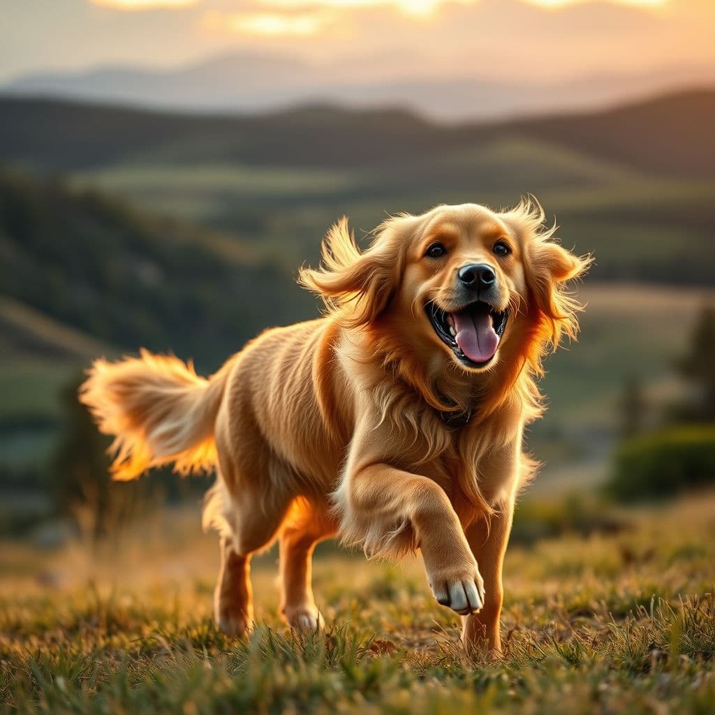 Un perro feliz corriendo libre en un campo al atardecer, con expresión de alegría y el viento moviendo su pelaje.