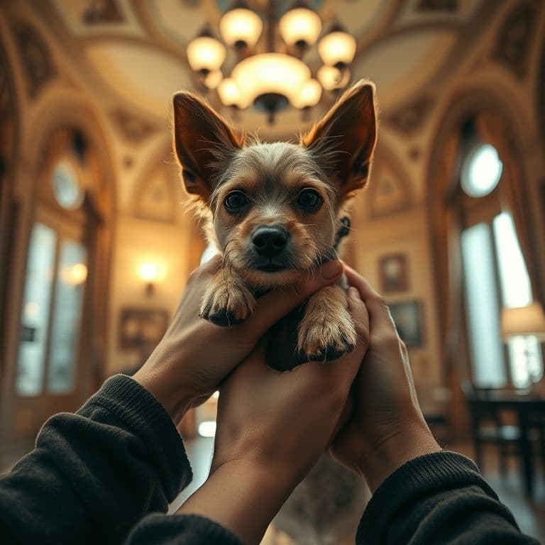 Dueño dando un suave masaje a un perro senior de raza pequeña que descansa plácidamente en su regazo en un ambiente hogareño.