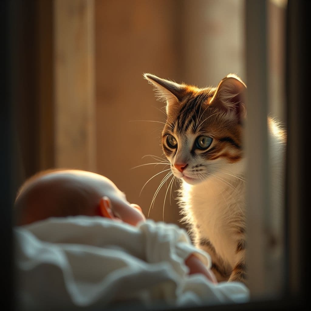 Gato observando a un bebé recién llegado al hogar con expresión curiosa y cautelosa