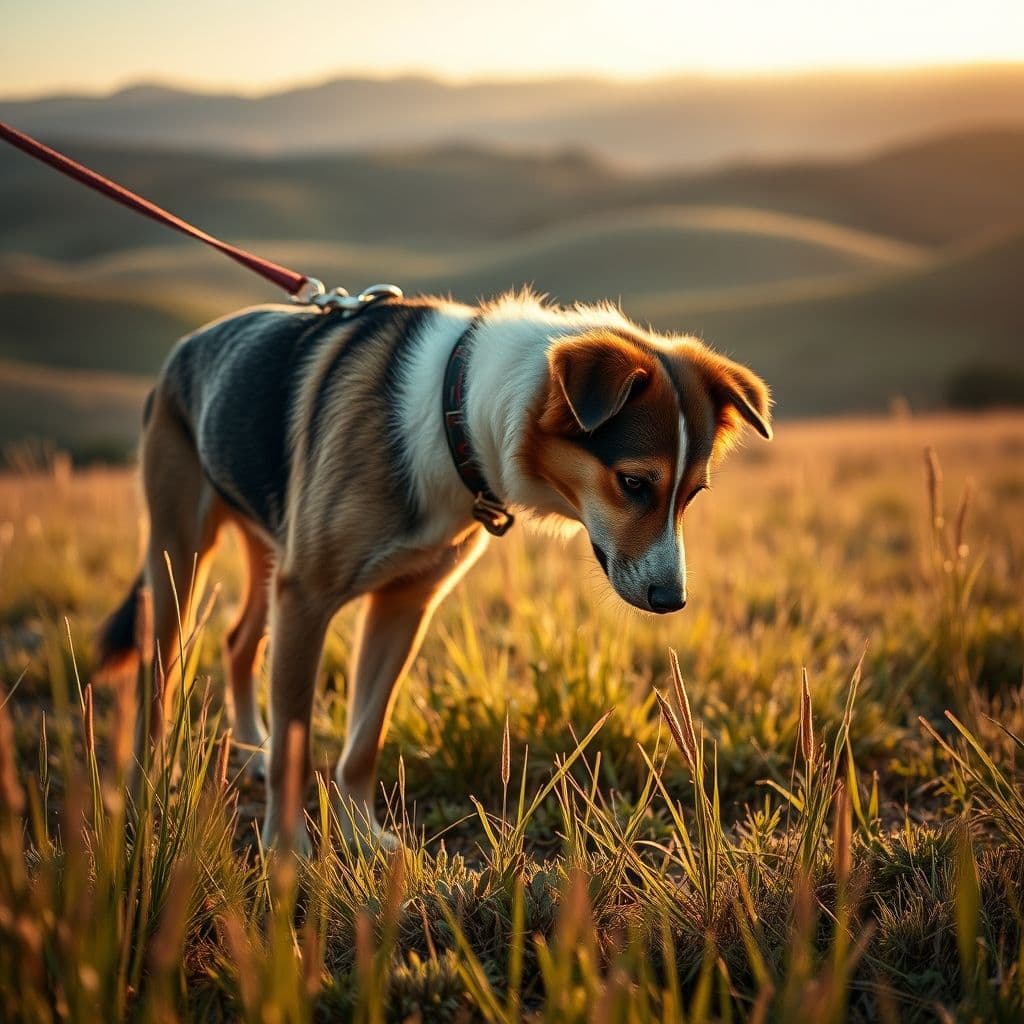 Perro de raza mezcla atado con correa olfateando rastros de conejo en campo abierto al atardecer