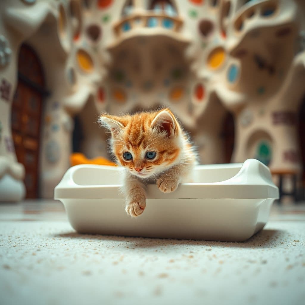 Gatito pequeño usando una caja de arena por primera vez
