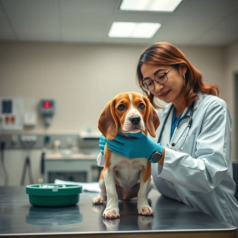 Veterinario realizando examen completo a cachorro beagle de 9 semanas en consultorio