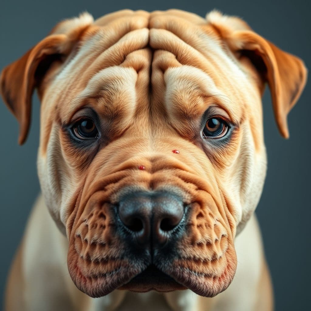 Shar Pei mostrando problemas en pliegues de la piel y orejas