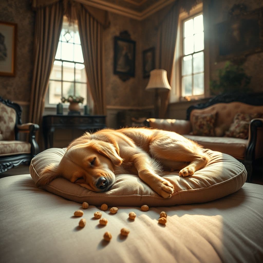 Perro acostado en su cama con premios alrededor, luciendo relajado y contento.