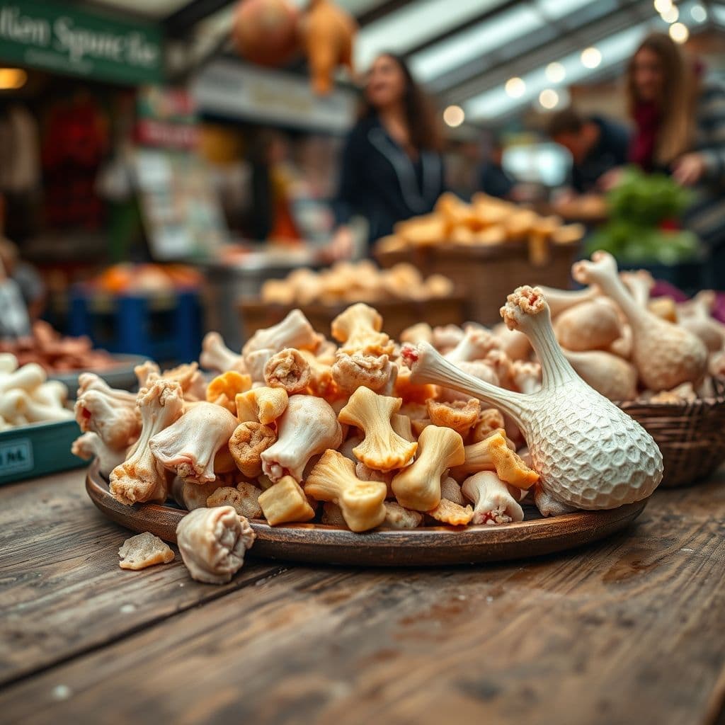 Diferentes opciones de snacks naturales para perros incluyendo patas de pollo y cuellos