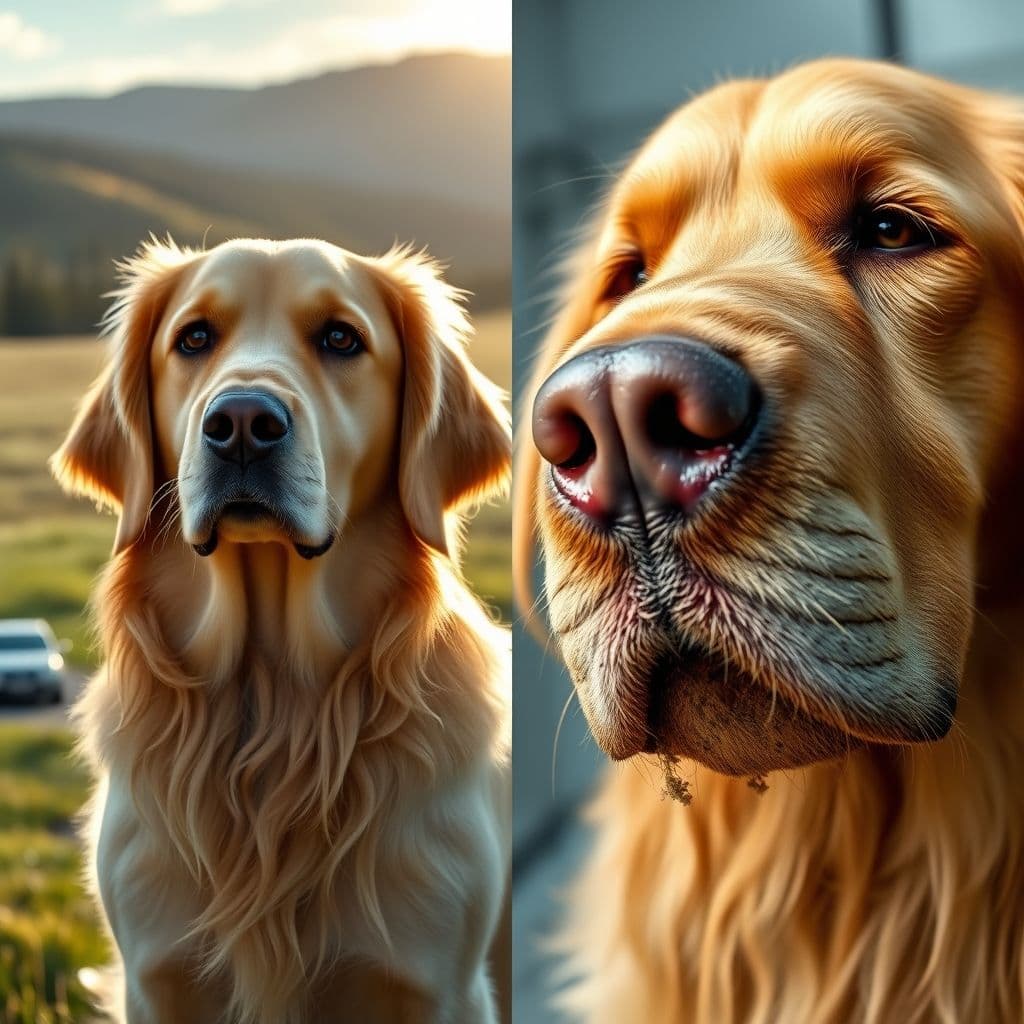 Comparación visual entre pelo de perro sano y pelo con motas enredadas