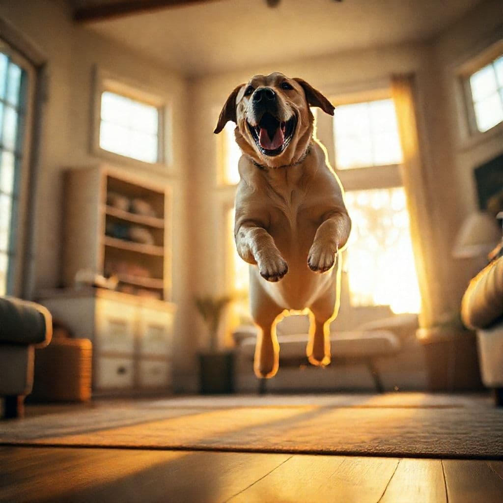 Dueño intentando poner el collar a perro excitado en casa