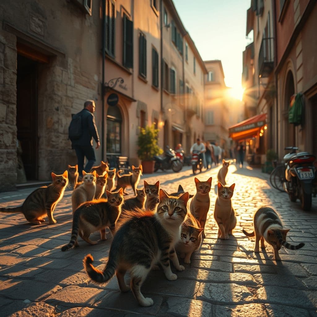Voluntario interactuando con gatos de colonia en entorno urbano al amanecer