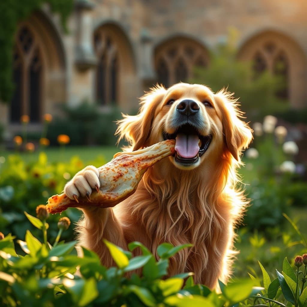 Perro feliz comiendo una pata de pollo.