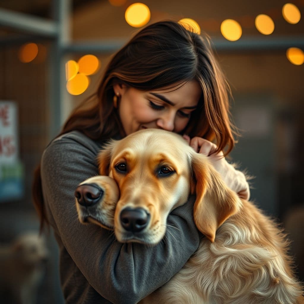 Dueño abrazando a su nuevo perro adoptado con alegría