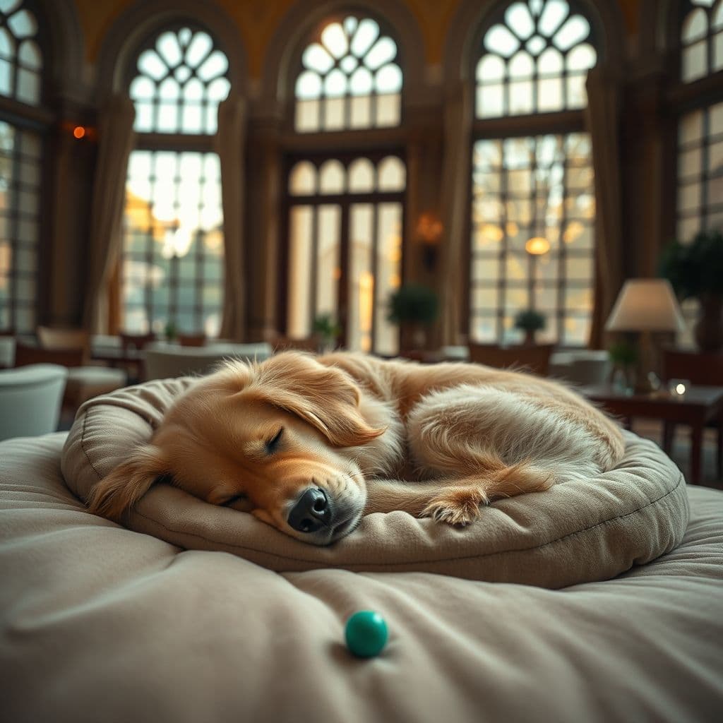 Perro golden retriever relajado en su cama nueva en un hogar acogedor