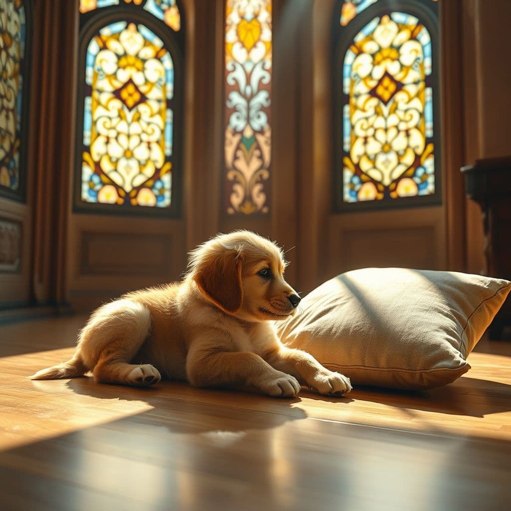 Cachorro golden retriever aprendiendo a hacer sus necesidades en un pañal en el suelo de la casa