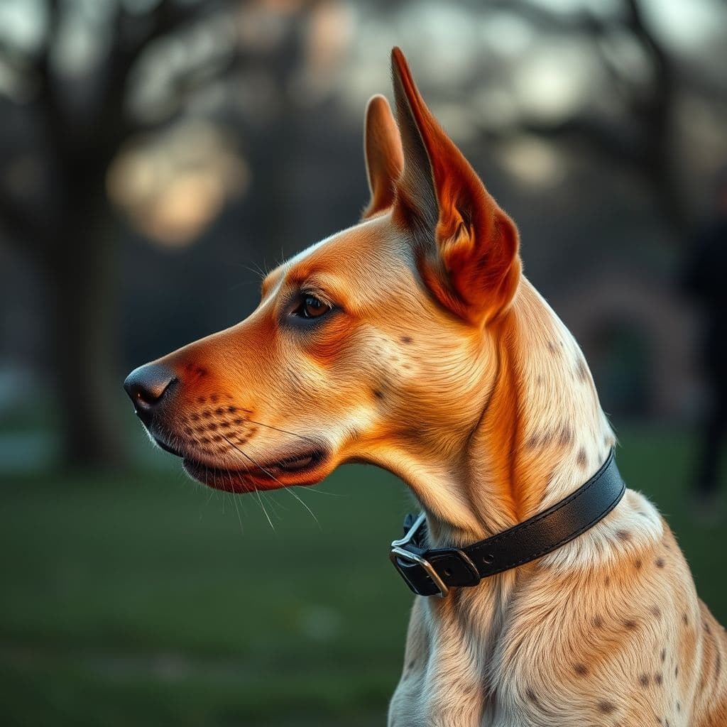 Perro con expresión de ansiedad usando un collar de púas en un parque