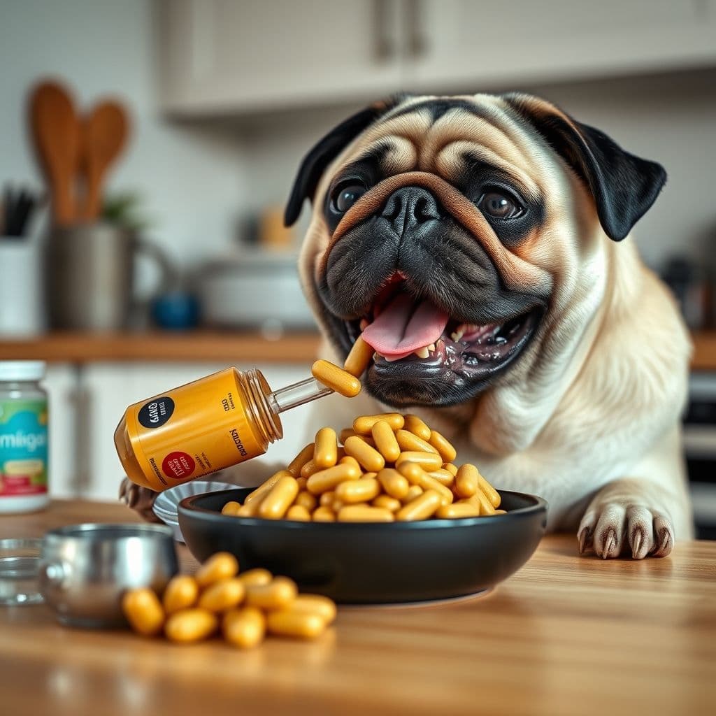 Pug comiendo croquetas de alta calidad junto a suplementos de Omega-3.
