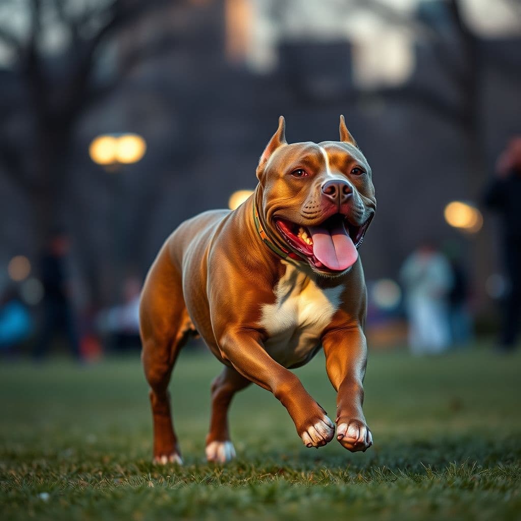 Pitbull adulto sonriendo y jugando en un parque bajo el sol de la tarde
