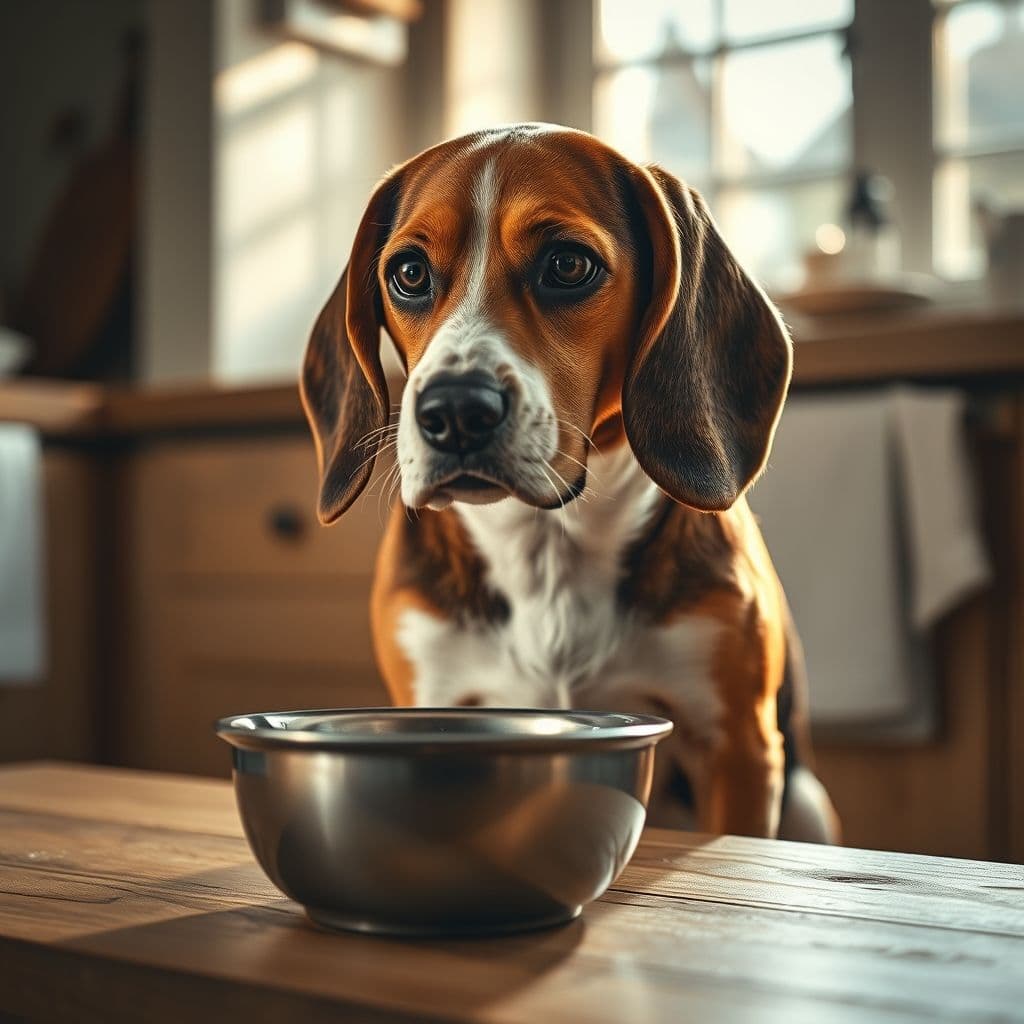 Perro con expresión preocupada junto a un plato de comida, representando el reflujo gastroesofágico